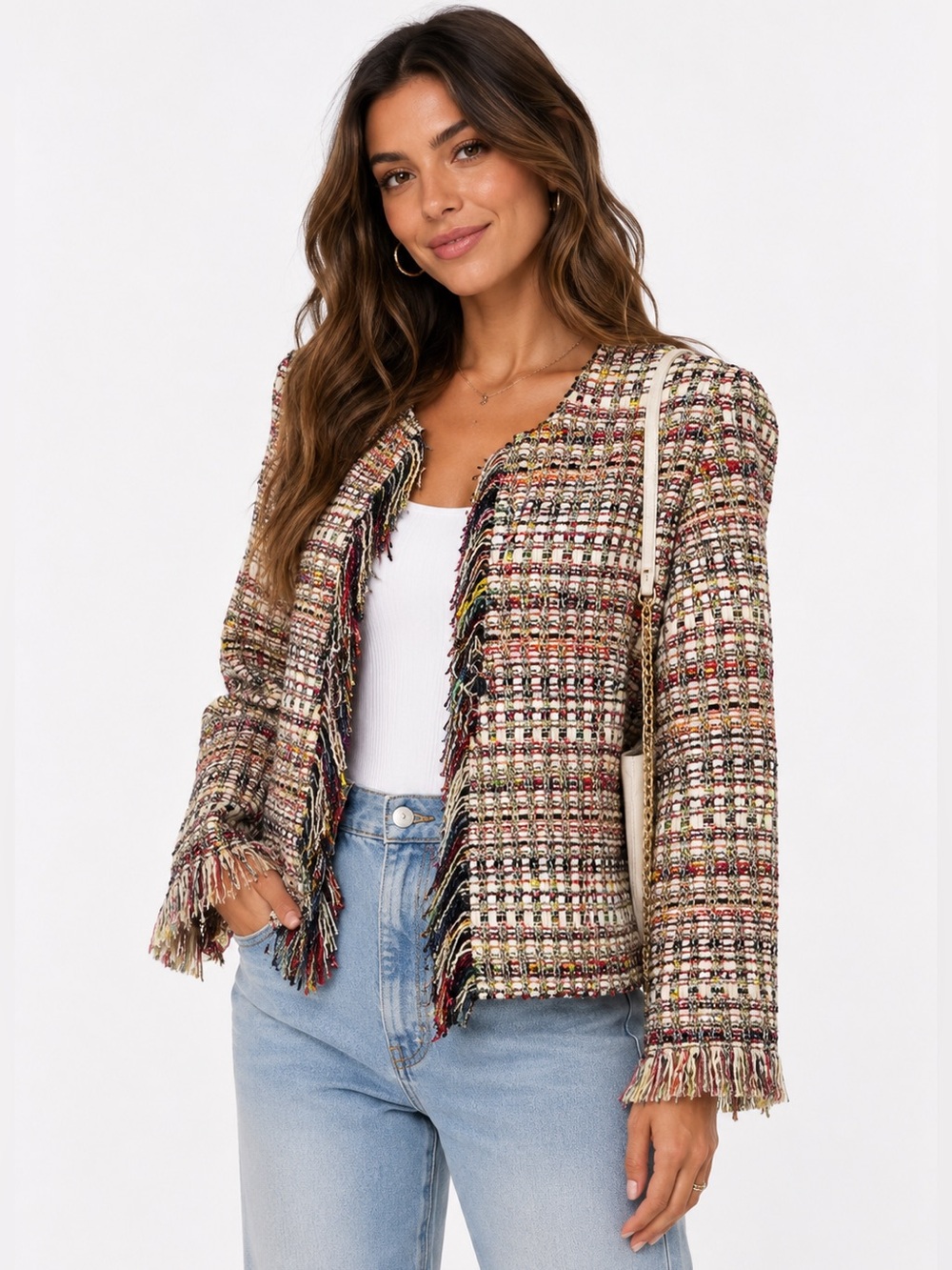 Carlisle Confetti‎ Tweed Fringe Jacket Multicolor Open Front Size 0